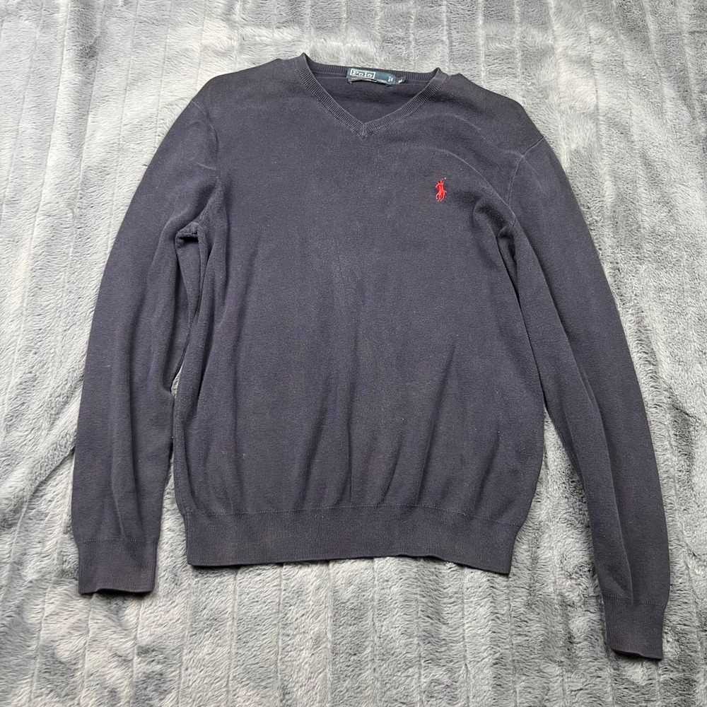Polo Ralph Lauren Mens Navy Blue Pima Cotton V-Neck Pony Logo Sweater Size M